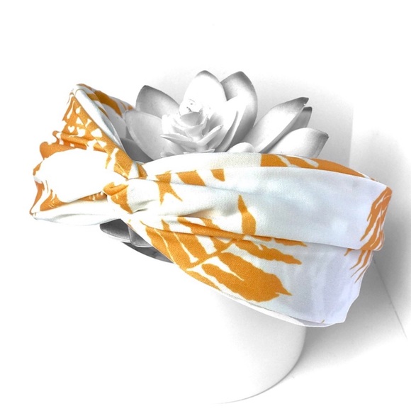 Mustard Yellow White Tropical Print Women's Top Knot Headband - Picture 2 of 5